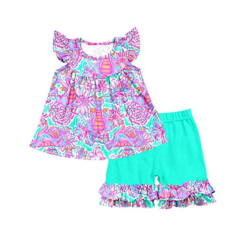 Baby Girl Short Sleeves Dinosaurs Flower Tops Ruffle Shorts Set