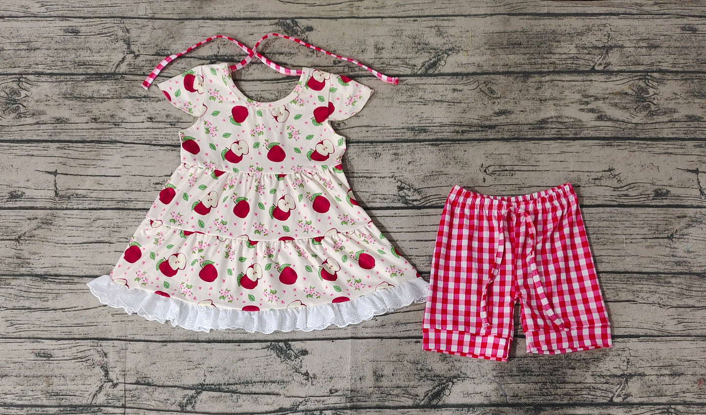 Baby Girl Apples Back To School Tops Plaid Shorts Clothes Set