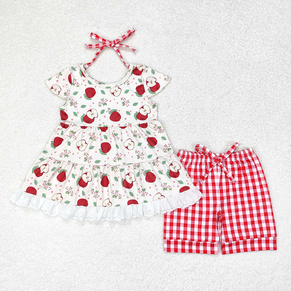 Baby Girl Apples Back To School Tops Plaid Shorts Clothes Set