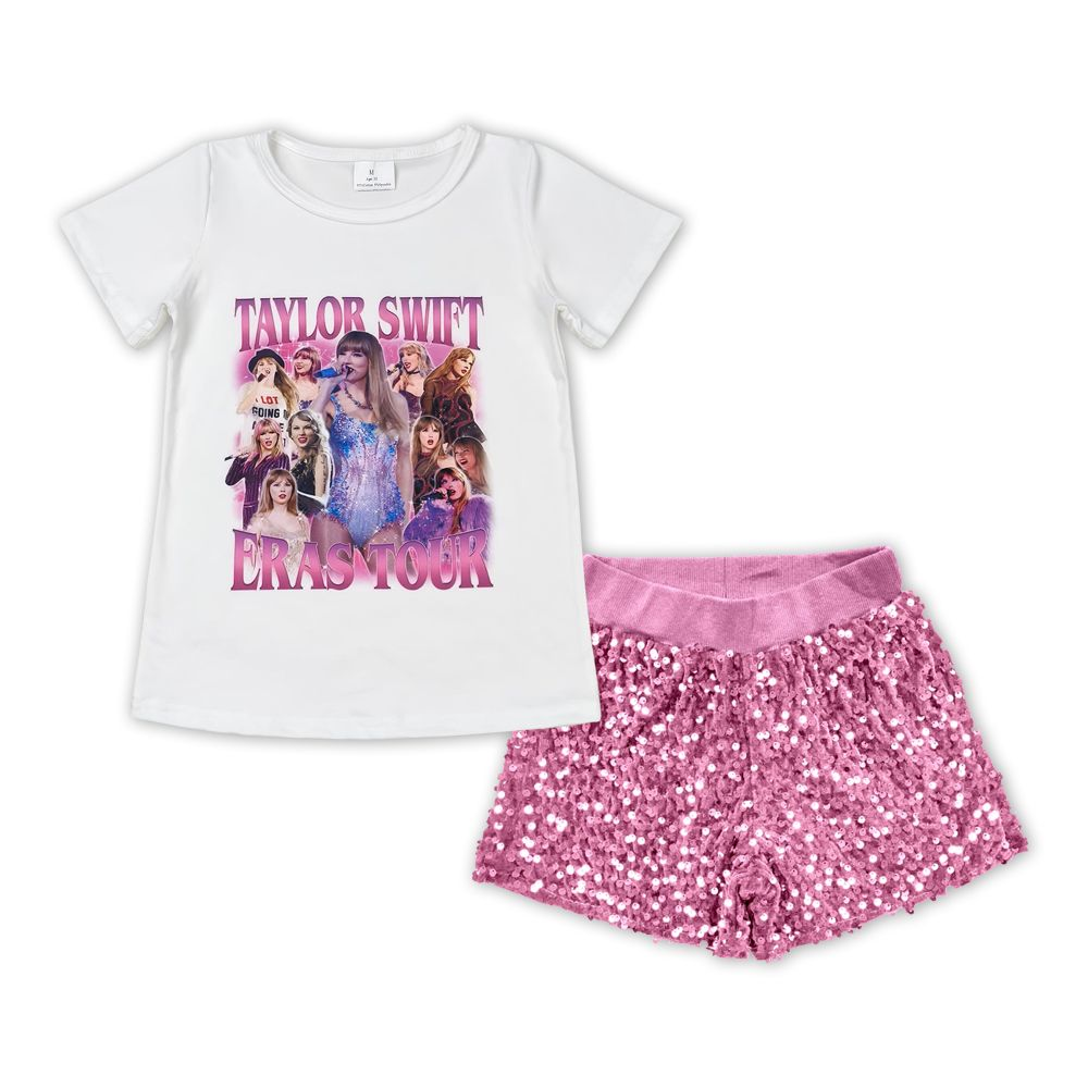 Baby Girl White Short Sleeeves Singer Shirt Pink Sequin Shorts Set