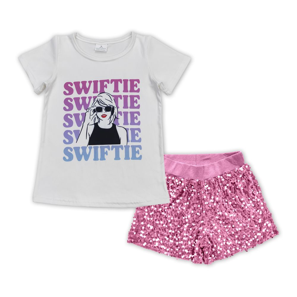 Baby Girl Short Sleeves Singer Tops Pink Sequin Shorts Set