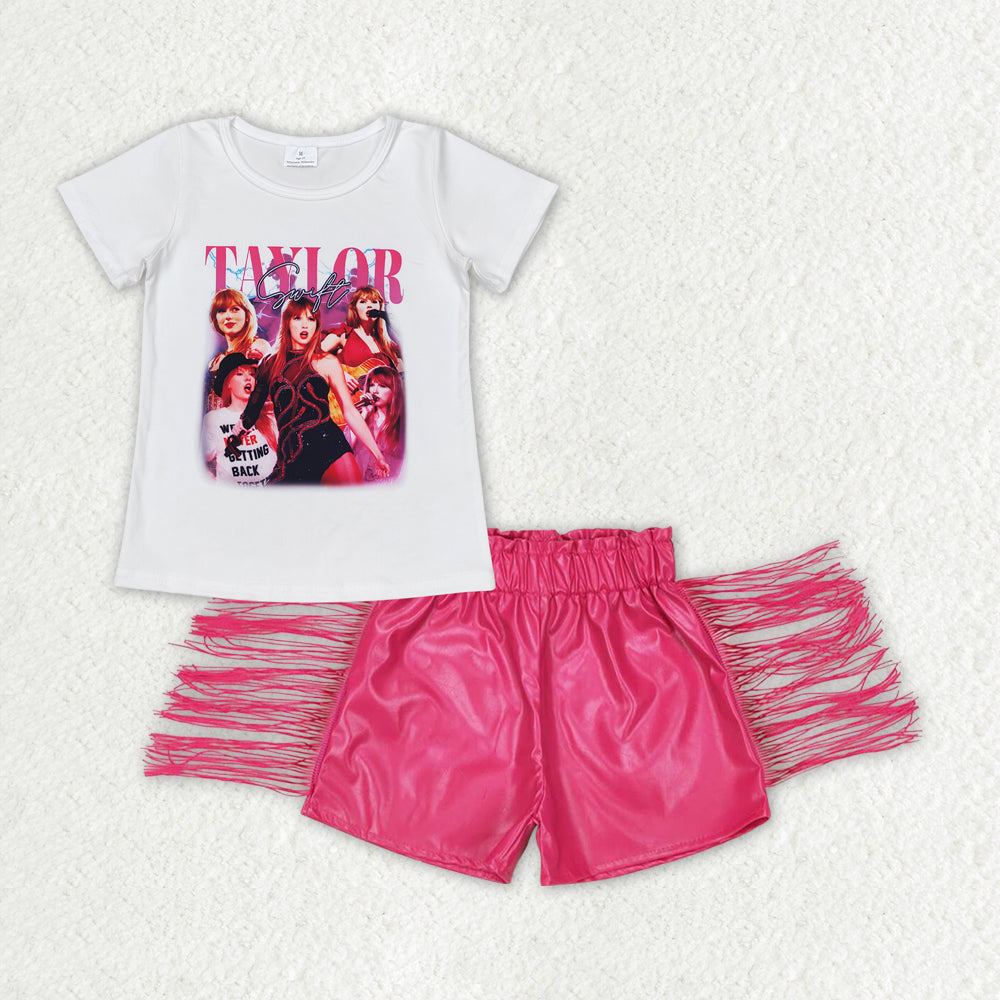 Baby Girl Singer Shirt Pink Leather Tassel Shorts Set