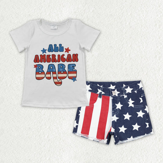 Baby Girl Short Sleeves July 4th America babe Shirt Stripes Stars denim shorts jeans set