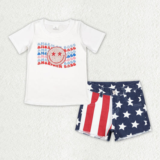 baby girl July 4th short sleeves smile shirt stars stripes denim shorts jeans set