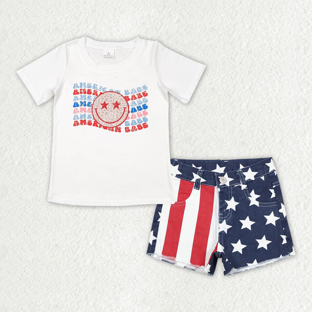 Sibling Baby Girls Kids Short Sleeves Shirts Denim Shorts 4th of July Clothes Sets RTS