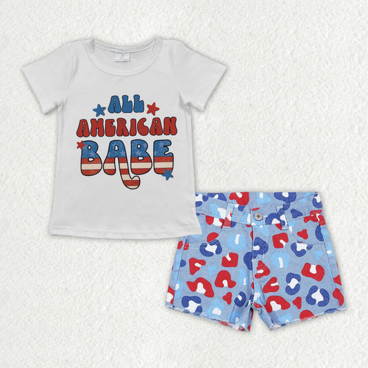 baby girl July 4th short sleeves America babe shirt leopard denim shorts jeans set