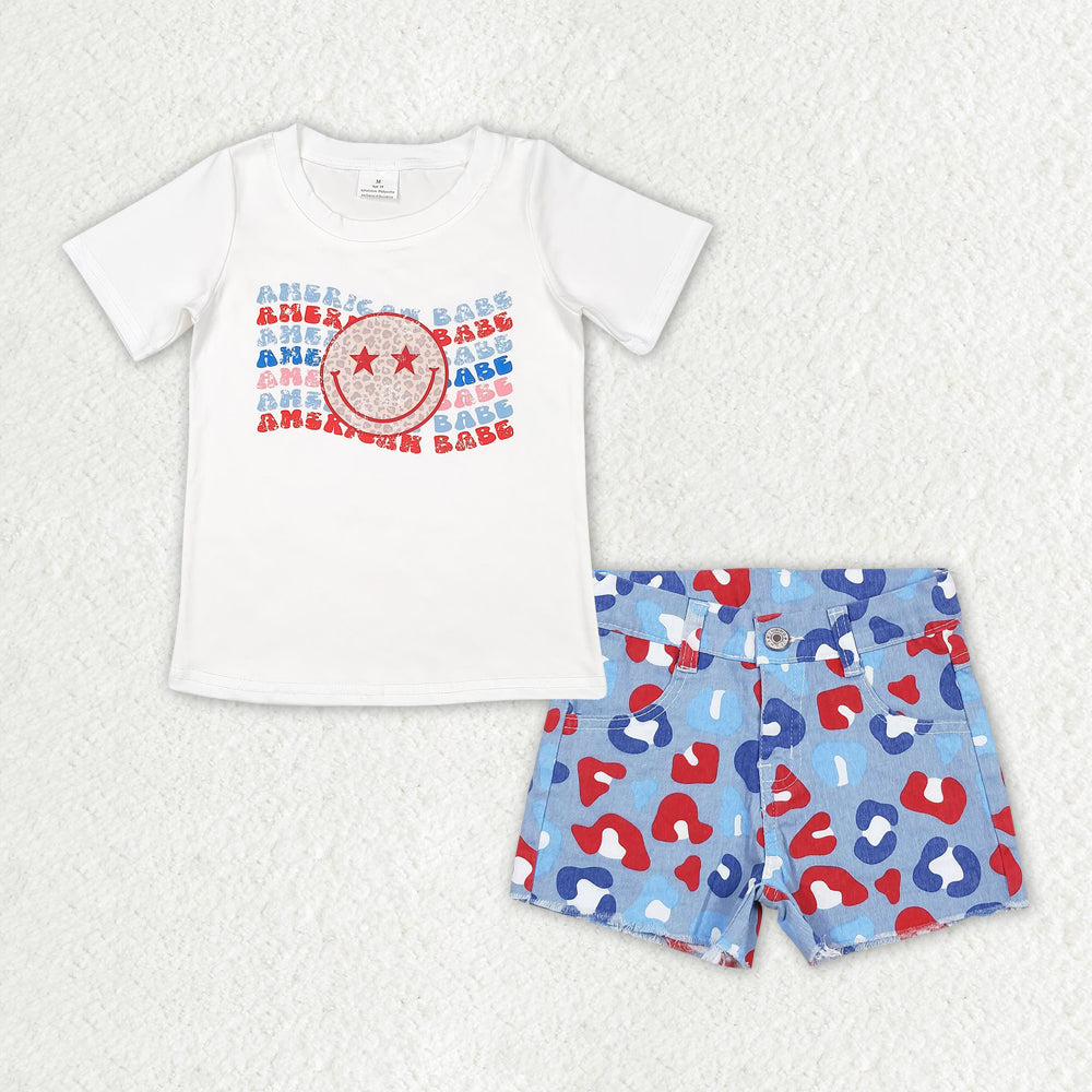Sibling Baby Girls Kids Short Sleeves Shirts Denim Shorts 4th of July Clothes Sets RTS