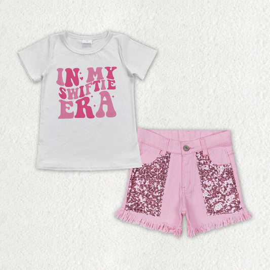 Baby Girl Short Sleeves Shirt Pink Sequin Denim Shorts Set