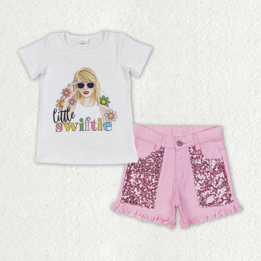 Baby Girl Short Sleeves Flower Singer Shirt Pink Sequin Denim Shorts Set