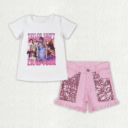 Taylor country singer era tour short sleeve pink sequin denim shorts girls set