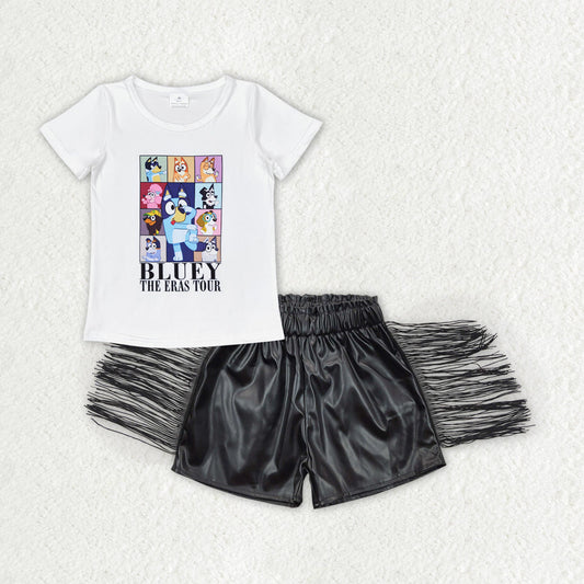 Baby Girl Dogs Shirt Black Leather Tassels Shorts Set