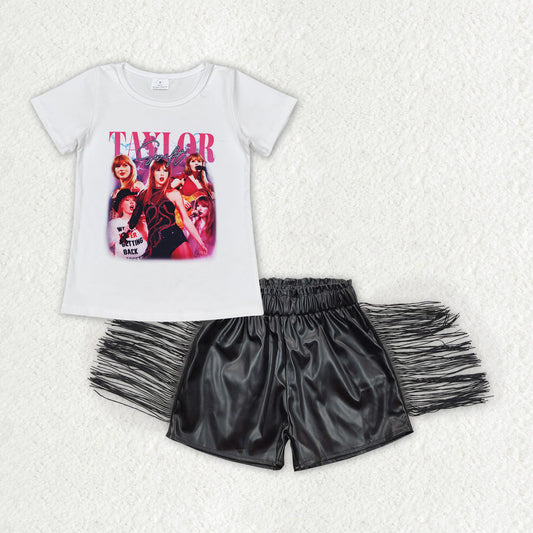 Baby Girl Short Sleeves Singer Shirt Black Leather Tassel Shorts Set