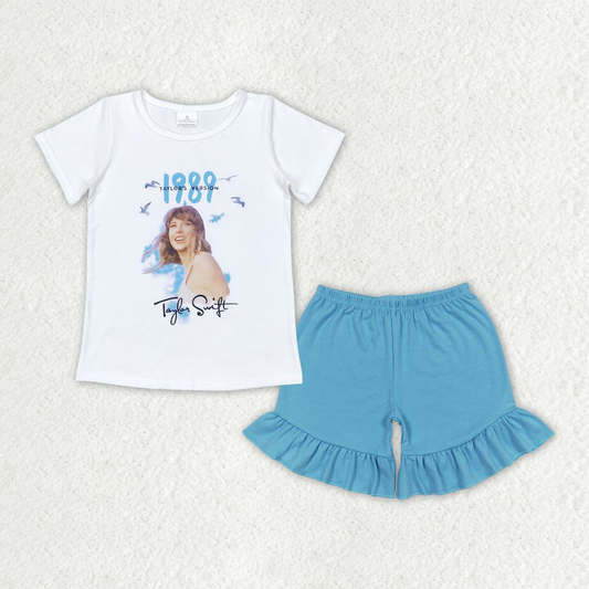 Baby Girl Short Sleeves Singer Shirt Blue Ruffle Cotton Shorts Set