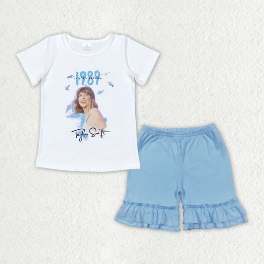 Baby Girl Short Sleeves Singer Shirt Blue Cotton Shorts Set