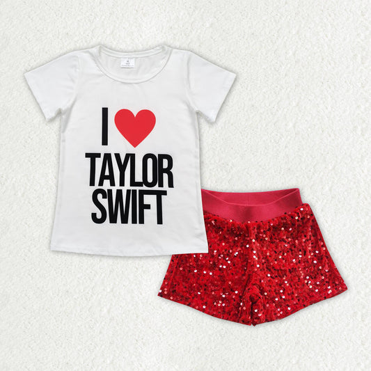 Baby Girl Singer Heart White Shirt Red Sequin Shorts Set