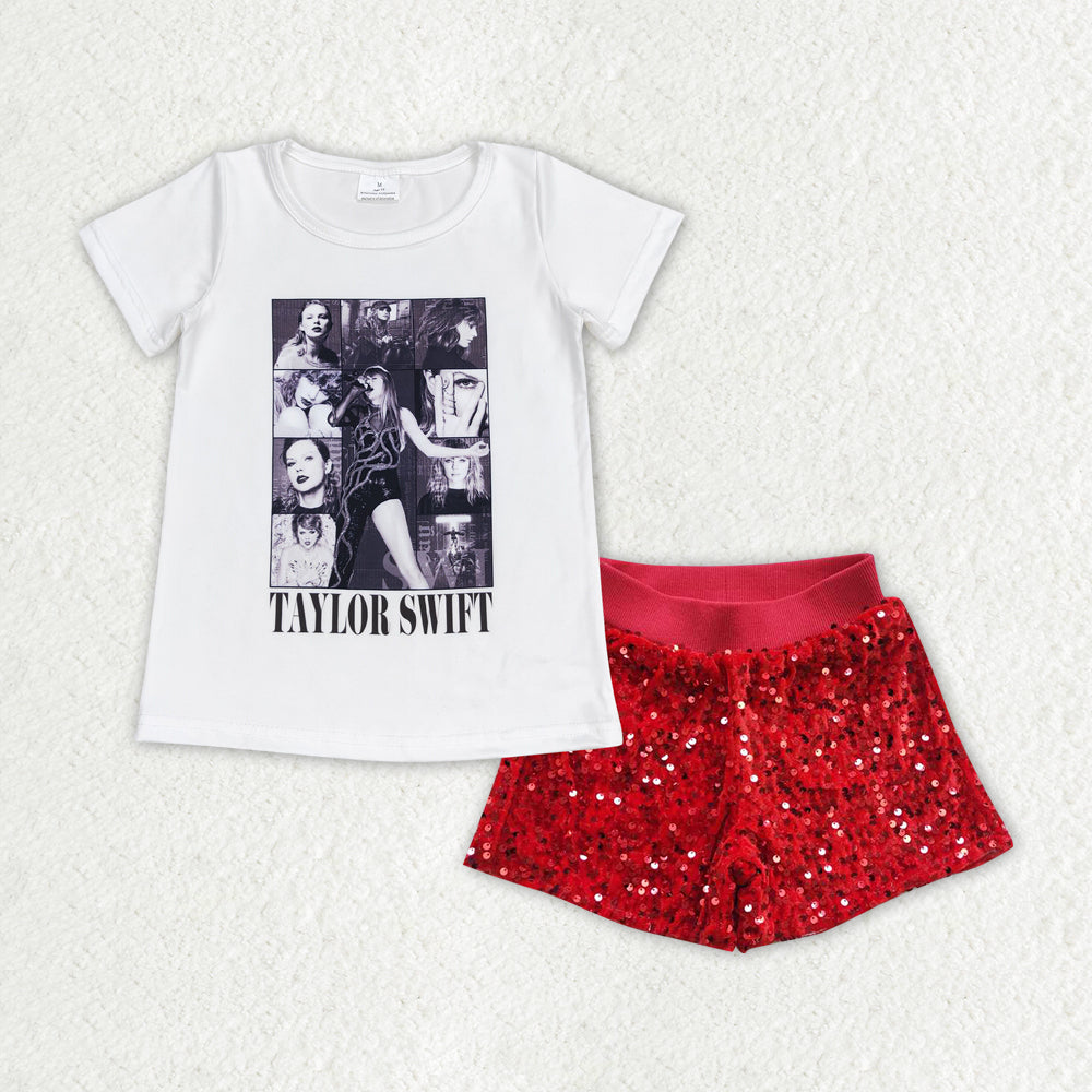 Baby Girl Short Sleeves Singer Shirt Red Sequin Shorts Set