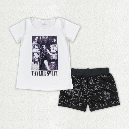 Baby Girl Short Sleeves Singer Shirt Black Sequin Shorts Set