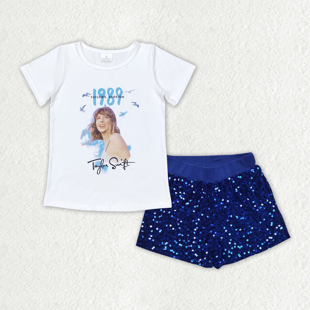 Baby Girl Short Sleeves Singer Shirt Blue Sequin Shorts Set