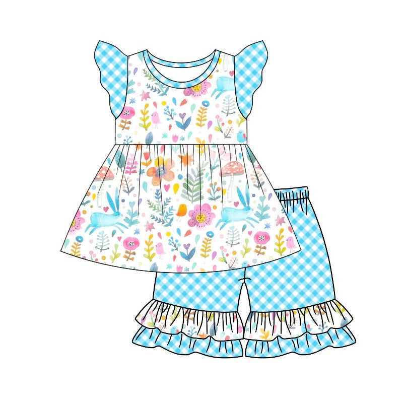 Pre-order Baby Girl Easter Rabbit Flower Tunic Ruffle Shorts Clothes Set