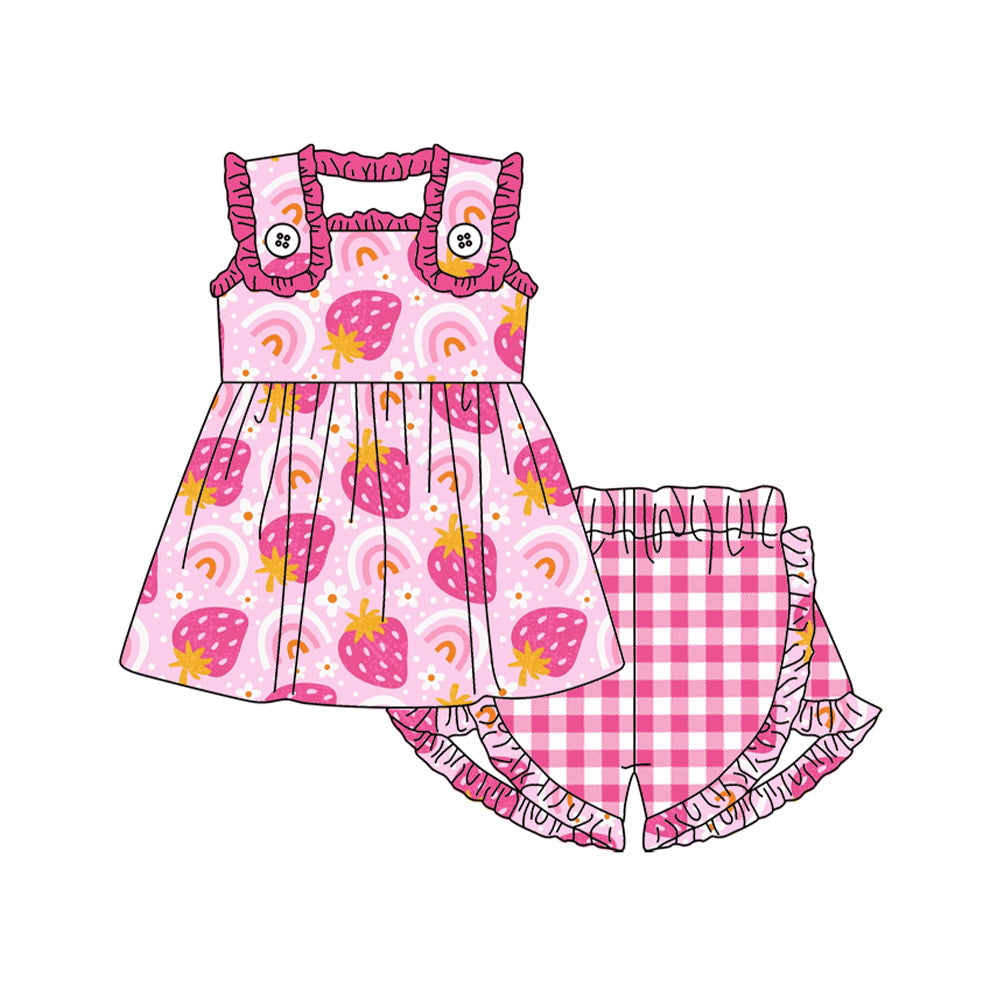 Pre-order Baby Girl Pink Strawberry Rainbow Tunic Ruffle Shorts Clothes Set