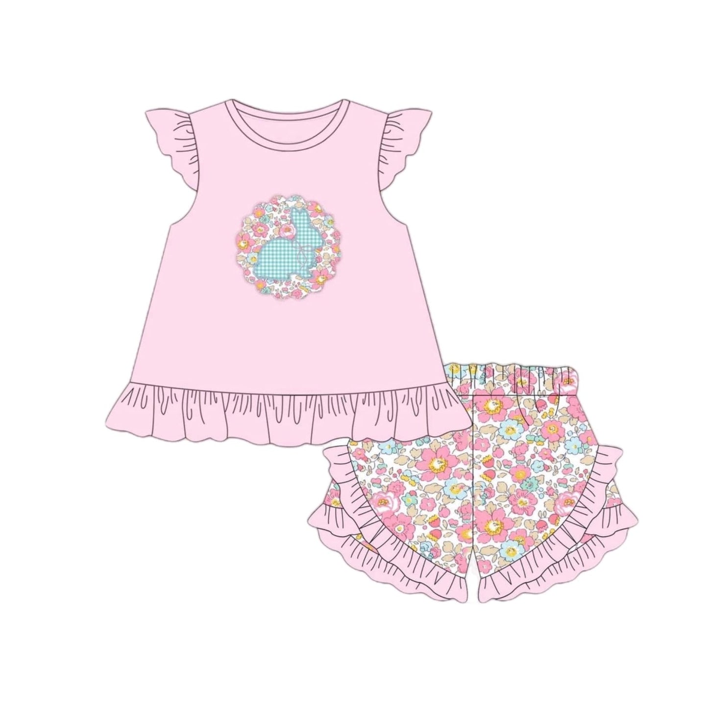 Pre-order Baby Girl Easter Bunny Pink Tunic Floral Shorts Clothes Set