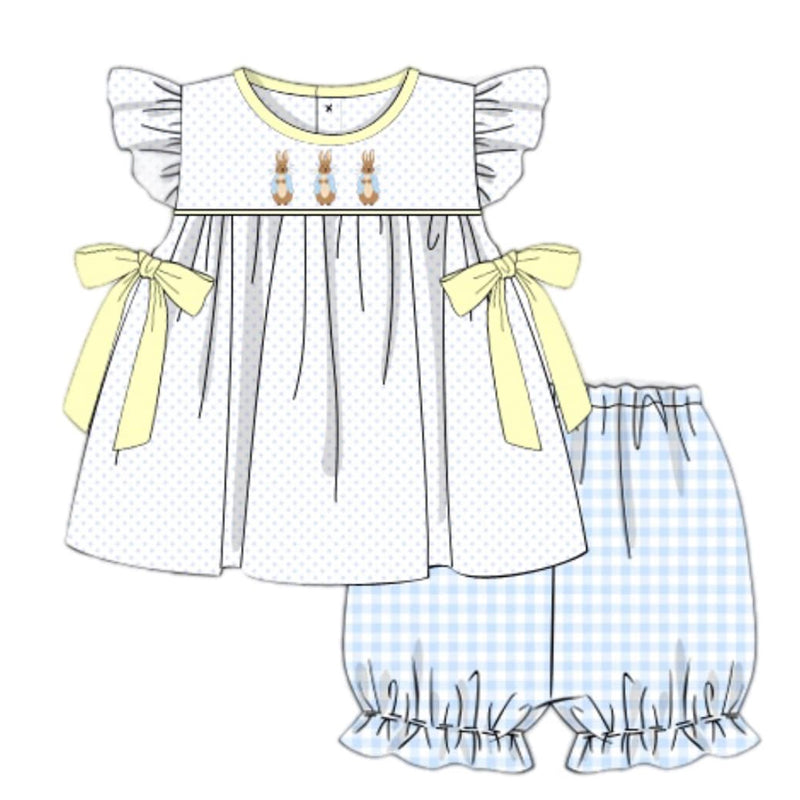 Pre-order Baby Girl Short Sleeves Easter Bunny Tunic Plaid Shorts Clothes Set