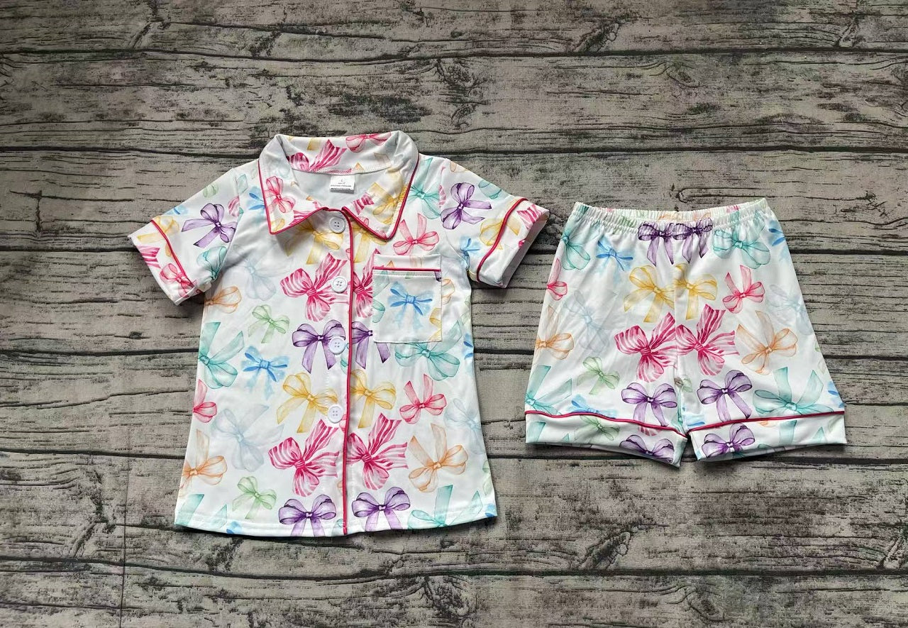 Baby Girl Short Sleeves Colorful Bows Buttons Shirt Shorts Pajamas Clothes Set