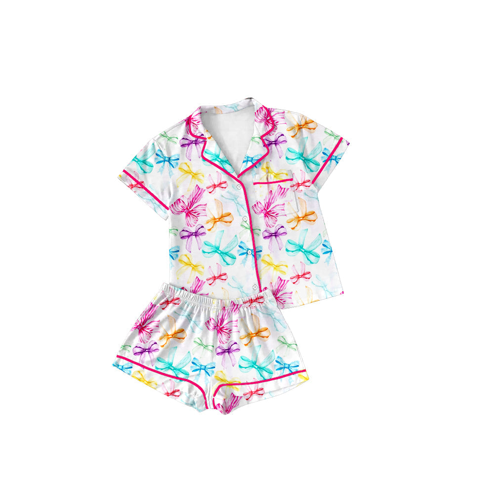 Pre-order Adult Women Colorful Bows Buttons Tops Shorts Pajamas Set