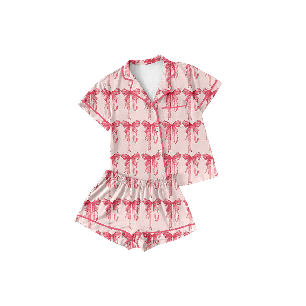 Pre-order Adult Women Short Sleeves Pink Bows Buttons Shirt Shorts Pajamas Set