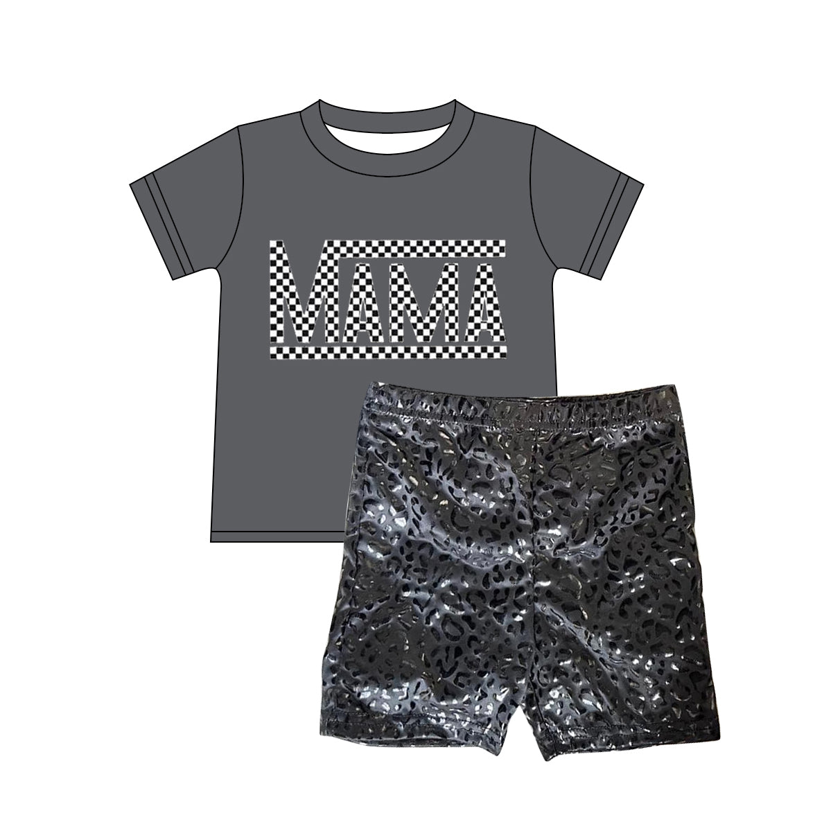 Pre-order Adult Women Short Sleeves Mama Shirt Black Leather Leopard Shorts Clothes Set