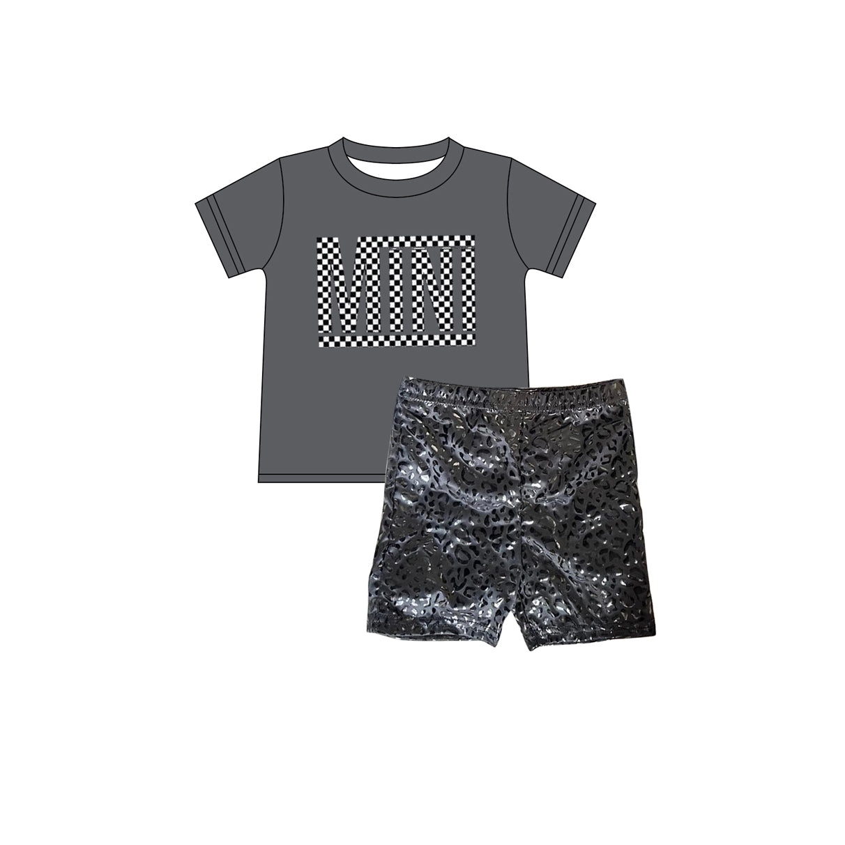 Pre-order Baby Girl Short Sleeves Mini Shirt Black Leather Leopard Shorts Clothes Set