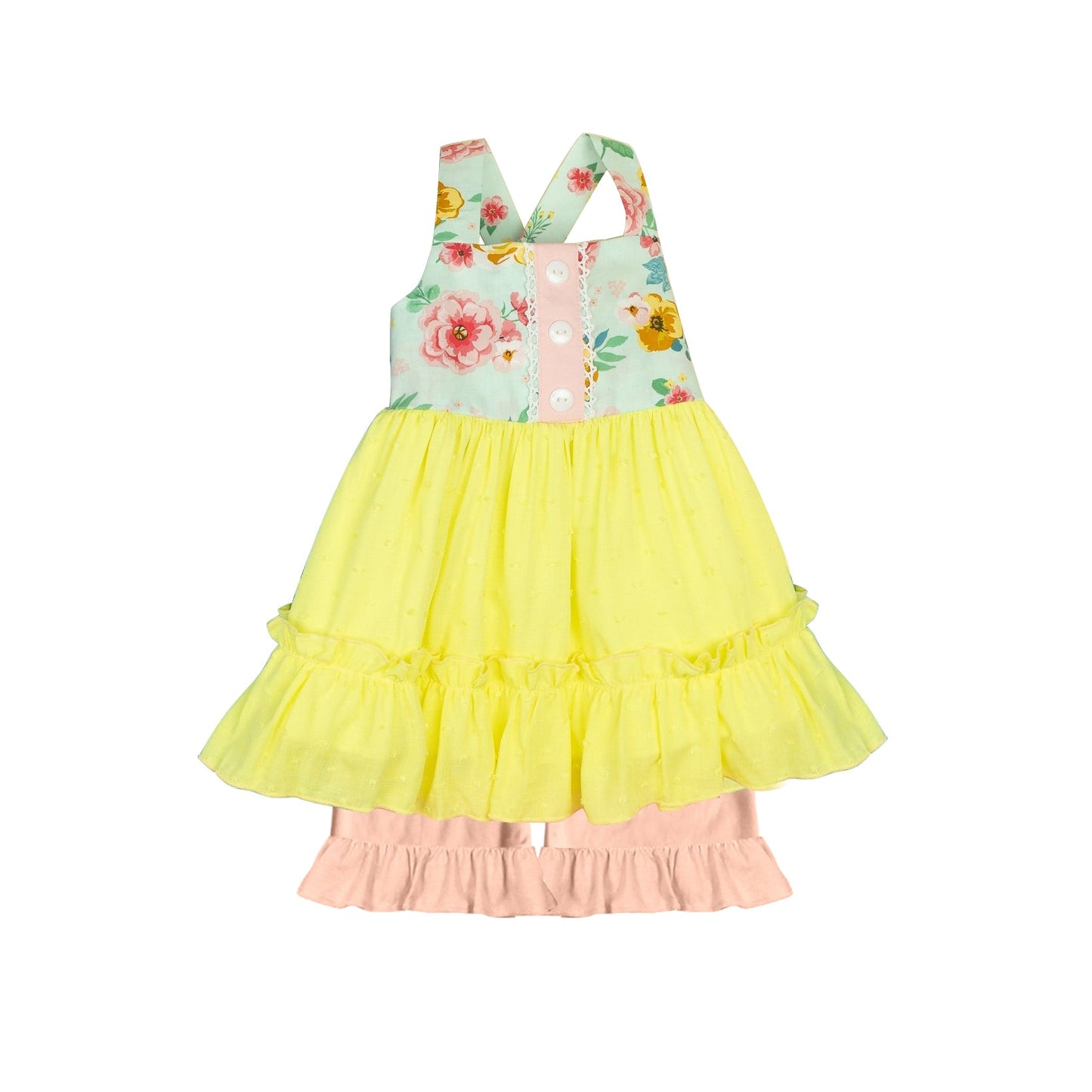 Pre-order Baby Girl Straps Flower Yellow Tunic Ruffle Shorts Clothes Set