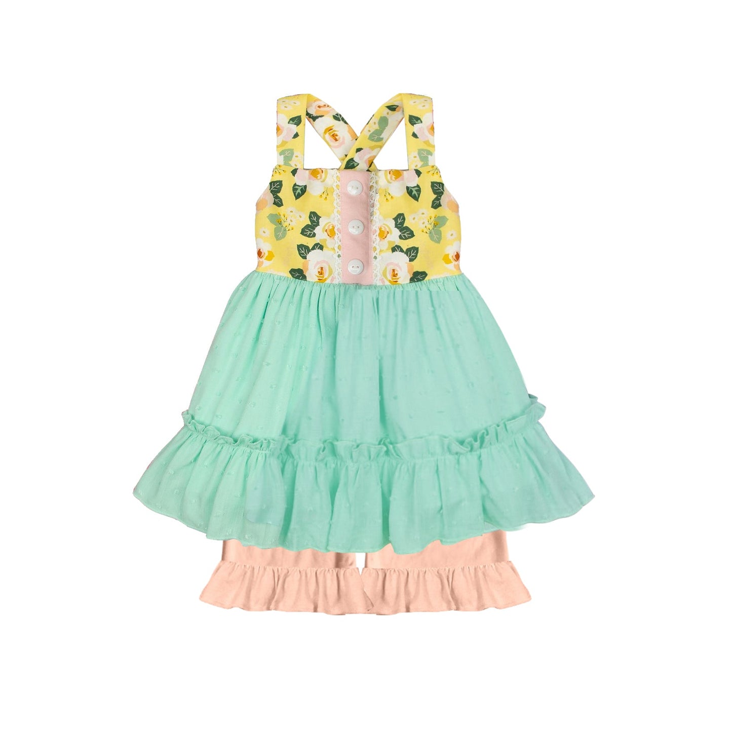 Pre-order Baby Girl Straps Flower Green Tunic Ruffle Shorts Clothes Set