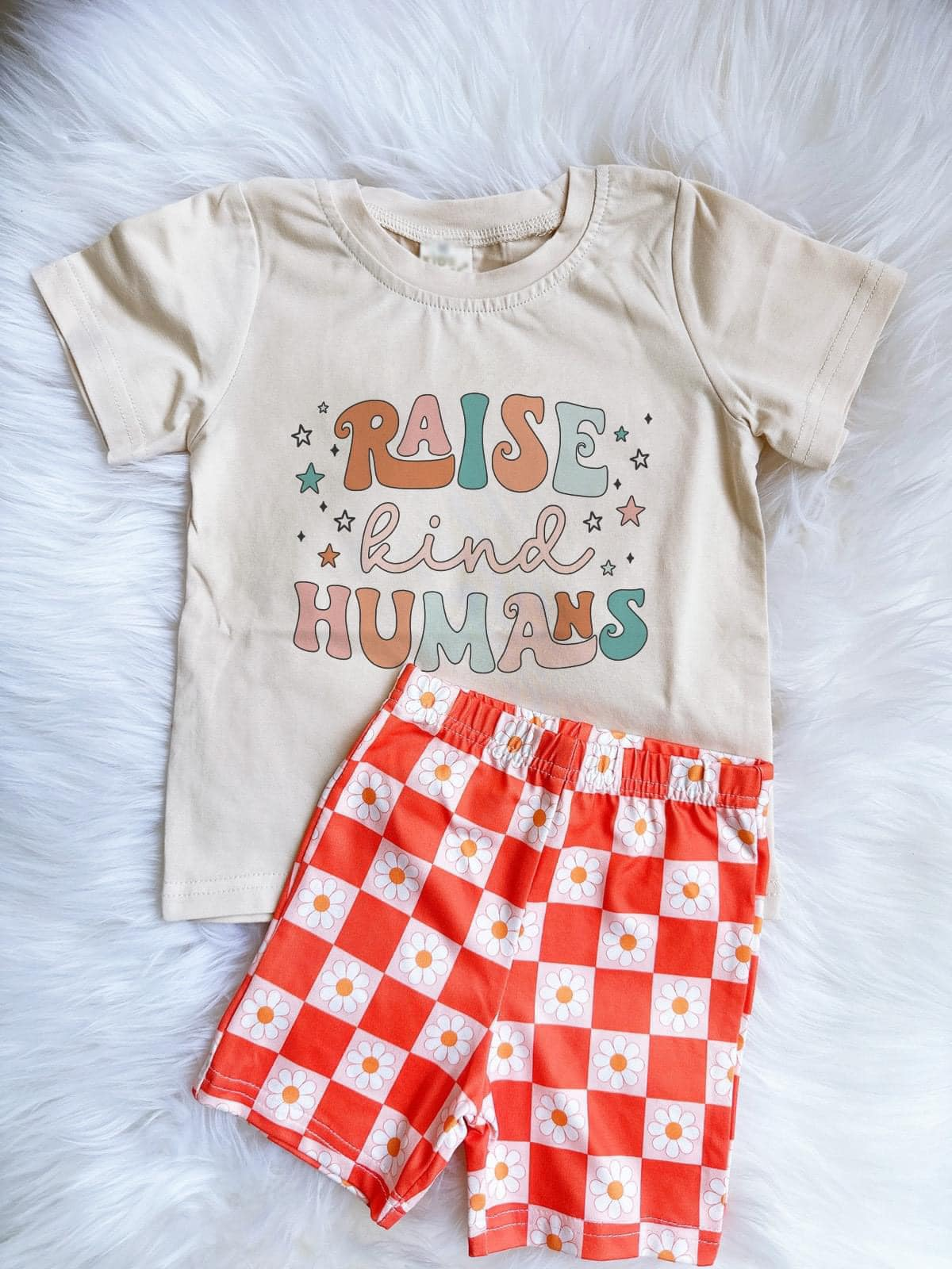 Pre-order Baby Girl Short Sleeves Raise Kind Humans Shirt Flower Shorts Clothes Set