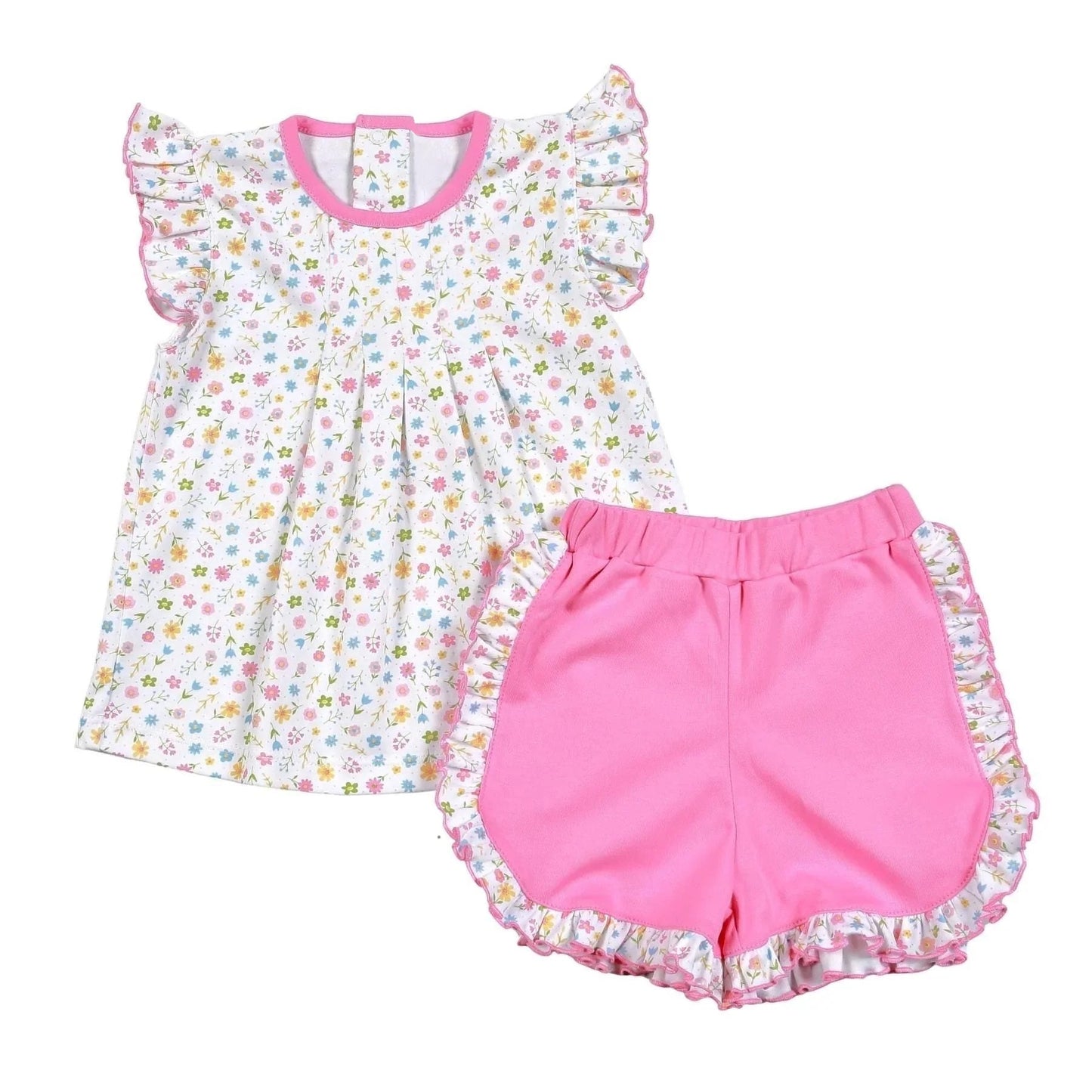 Preorder Baby Girl Short Sleeves Floral Tops Pink Ruffle Shorts Clothes Set