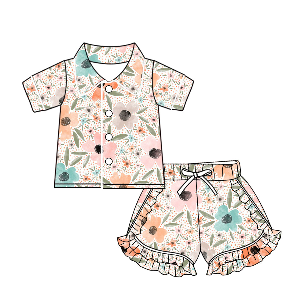 Preorder Baby Girl Orange Flower Buttons Shirt Ruffle Shorts Pajamas Clothes Set