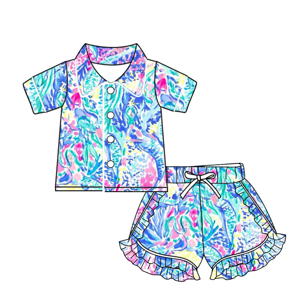 Preorder Baby Girl Blue Sea Weed Buttons Shirt Ruffle Shorts Pajamas Clothes Set
