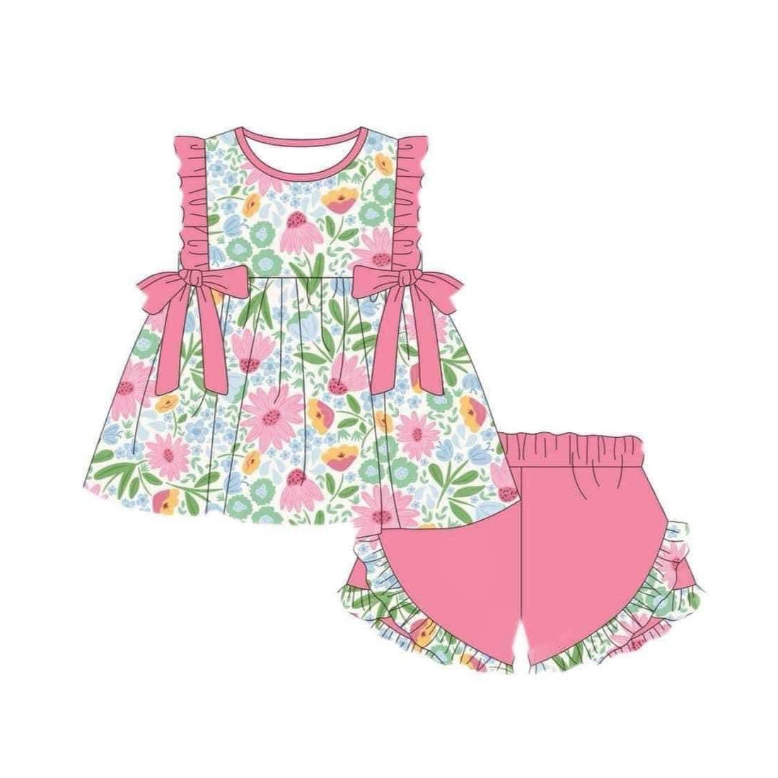 Preorder Baby Girls Pink Flower Bows Tunic Ruffle Shorts Clothes Set