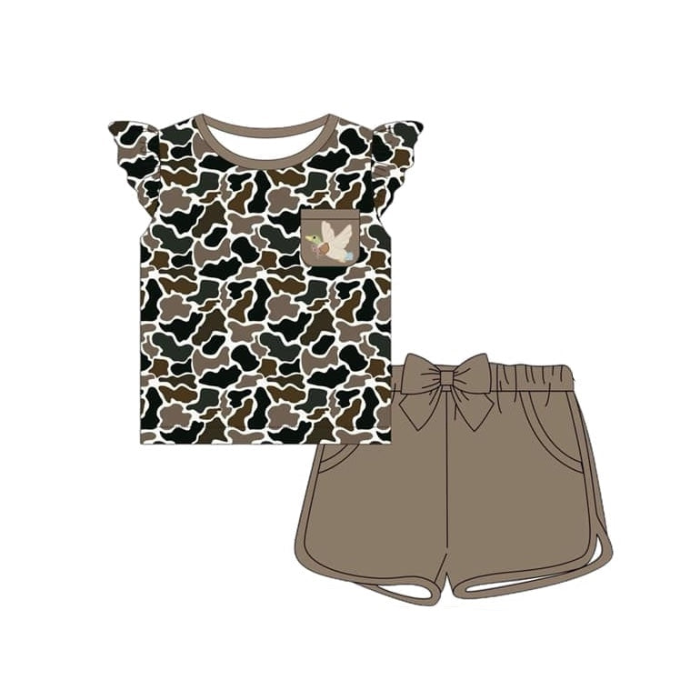 Preorder Baby Girl Duck Camo Pocket Shirt Bow Shorts Clothes Set