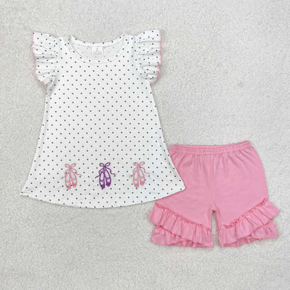 Baby Girl Short Sleeves Embroidery Shoes Dots Sibling Romper Clothes Set
