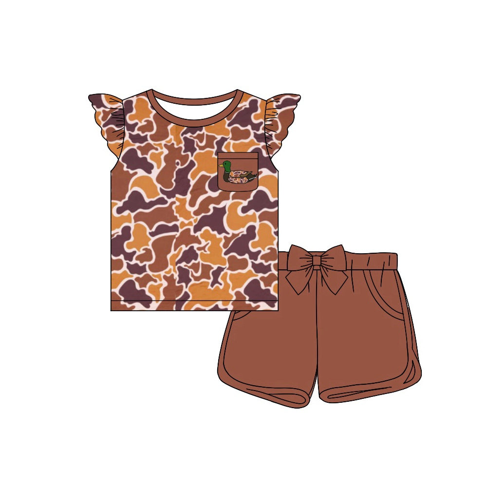 Preorder Baby Girl Camo Duck Pocket Shirt Bow Shorts Clothes Set