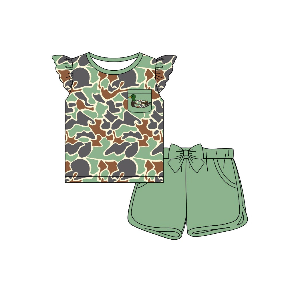 Preorder Baby Girl Green Camo Duck Pocket Shirt Bow Shorts Clothes Set
