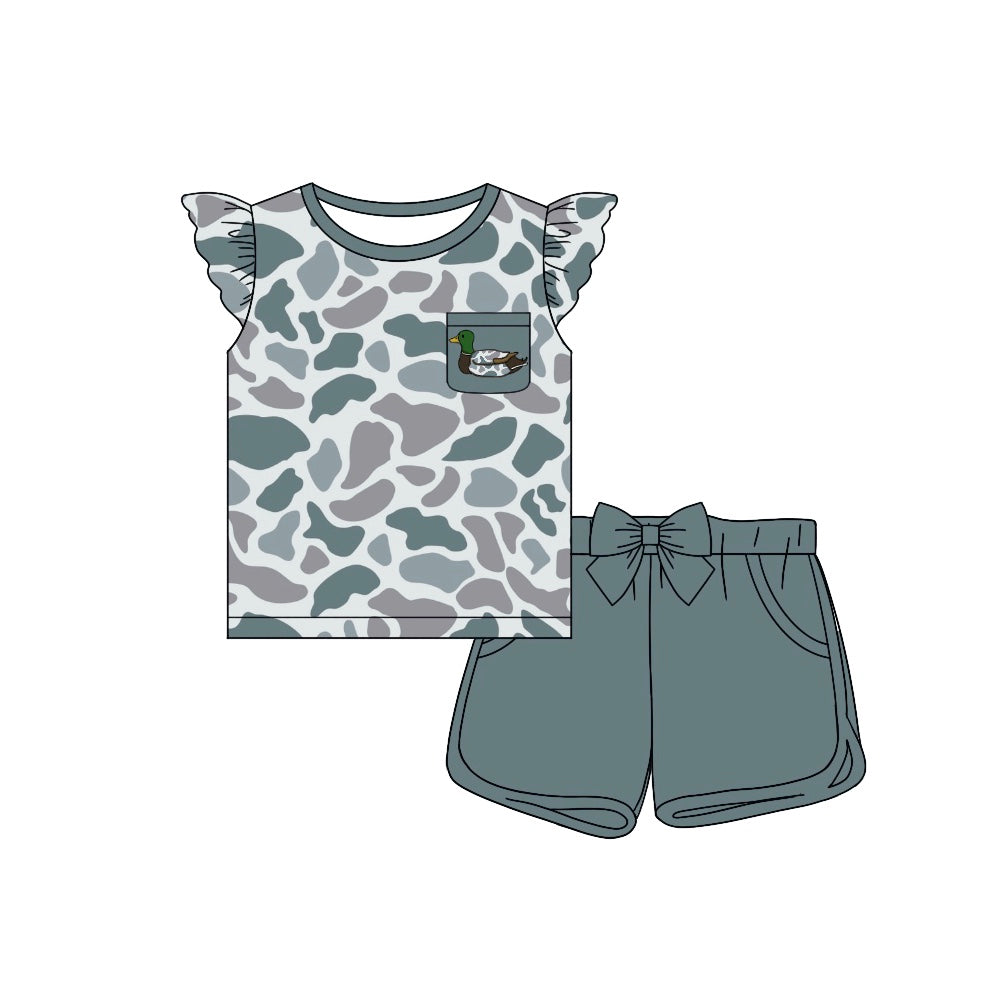 Preorder Baby Girl Grey Camo Duck Pocket Shirt Bow Shorts Clothes Set