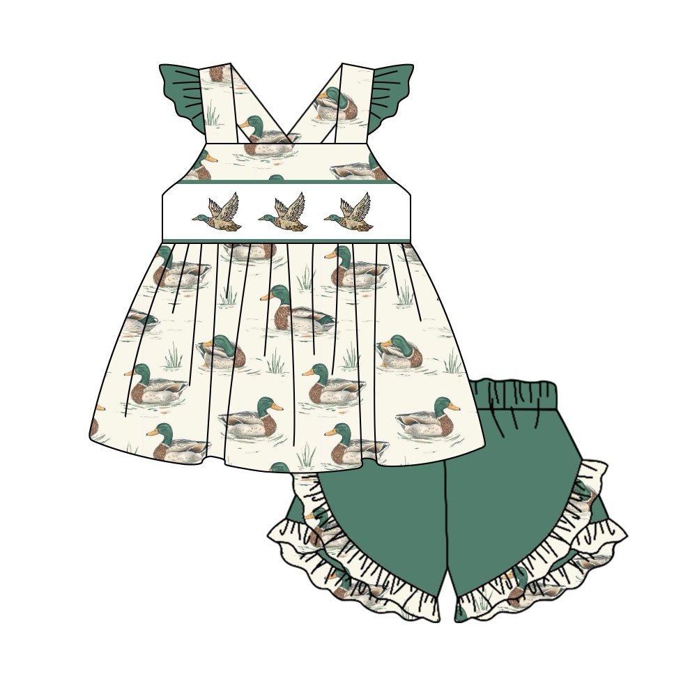 Preorder Baby Girl Short Sleeves Duck Tunic Green Shorts Clothes Set