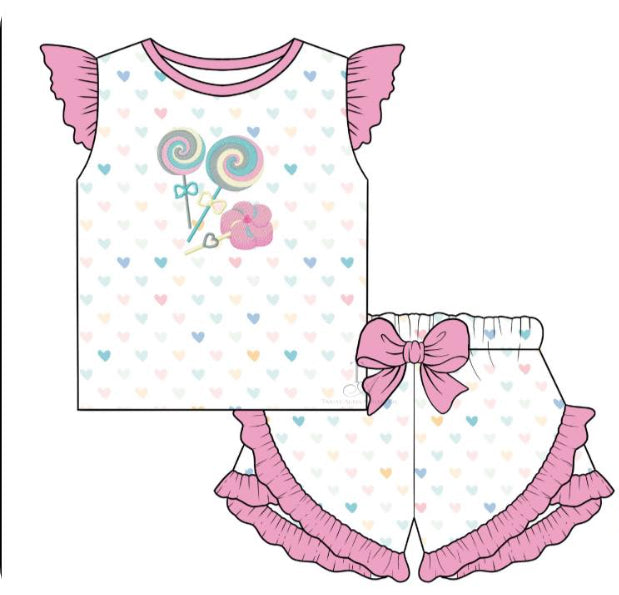 Preorder Baby Girl Short Sleeves Candy Hearts Bows Shirt Ruffle Shorts Clothes Set