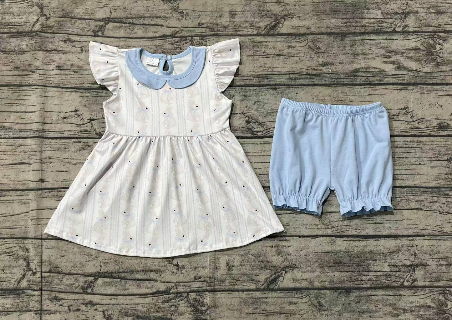 Baby Girl Short Sleeves Easter Rabbits Tunic Blue Shorts Clothes Set