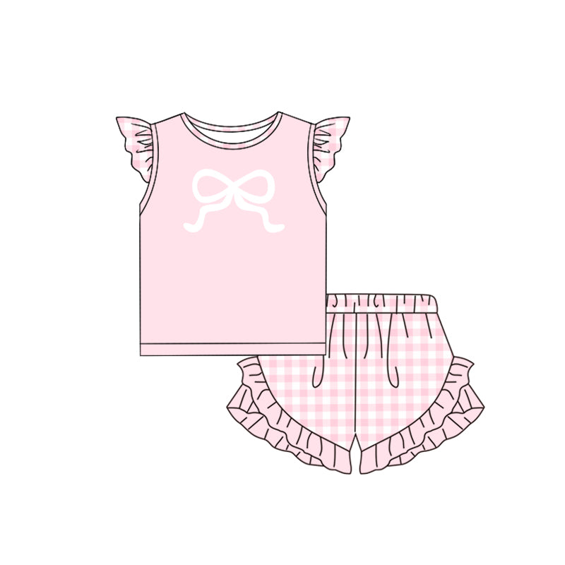 Preorder Baby Girl Short Sleeves Bow Shirt Ruffle Plaid Shorts Clothes Pink Set