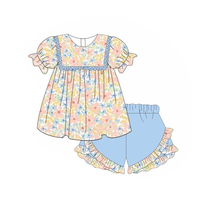 Preorder Baby Girl Floral Tunic Ruffle Blue Shorts Clothes Set