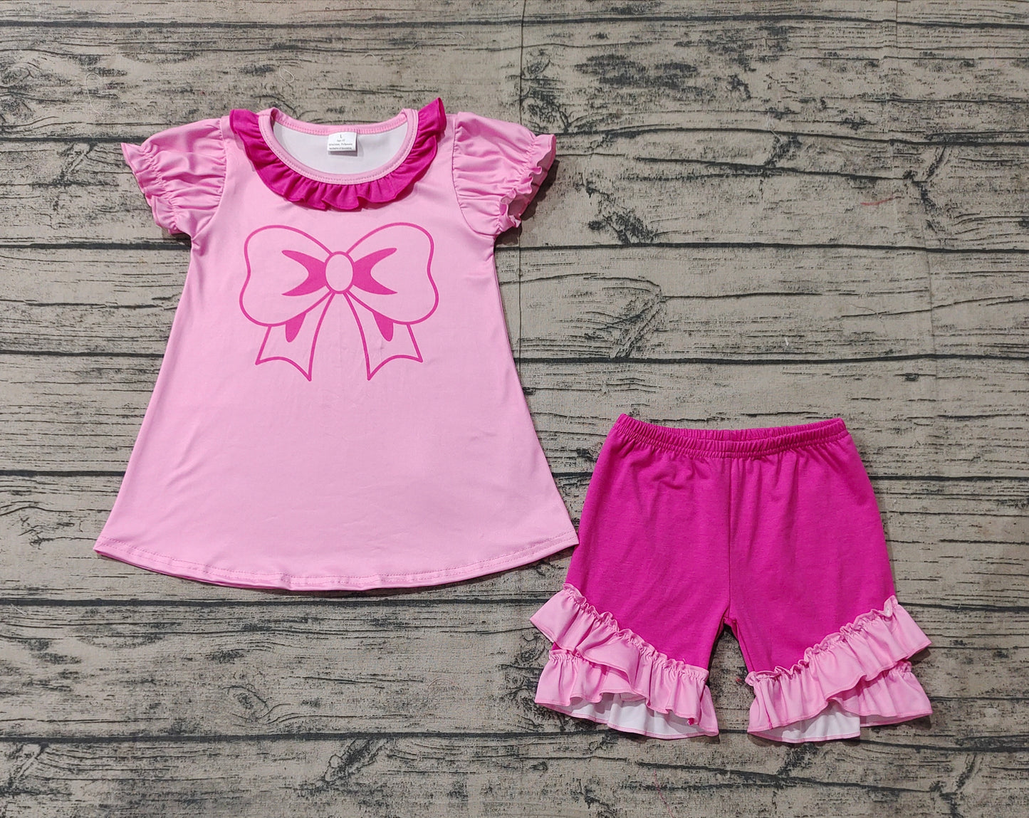 RTS Baby Girl Short Sleeves Bow Tops Ruffle Shorts Clothes Pink Set