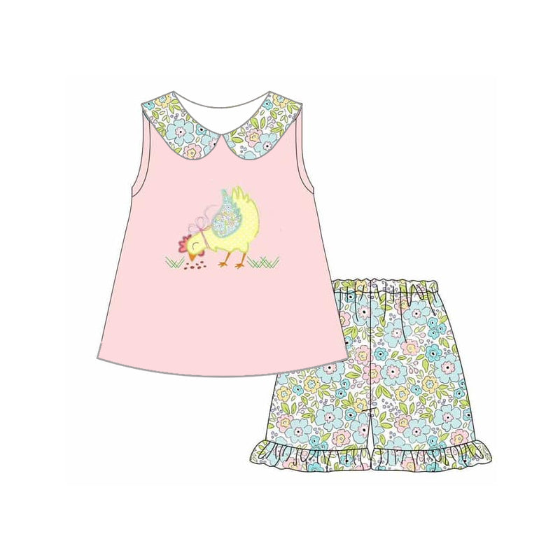 Preorder Baby Girl Chicken Pink Tunic Ruffle Floral Shorts Clothes Sets